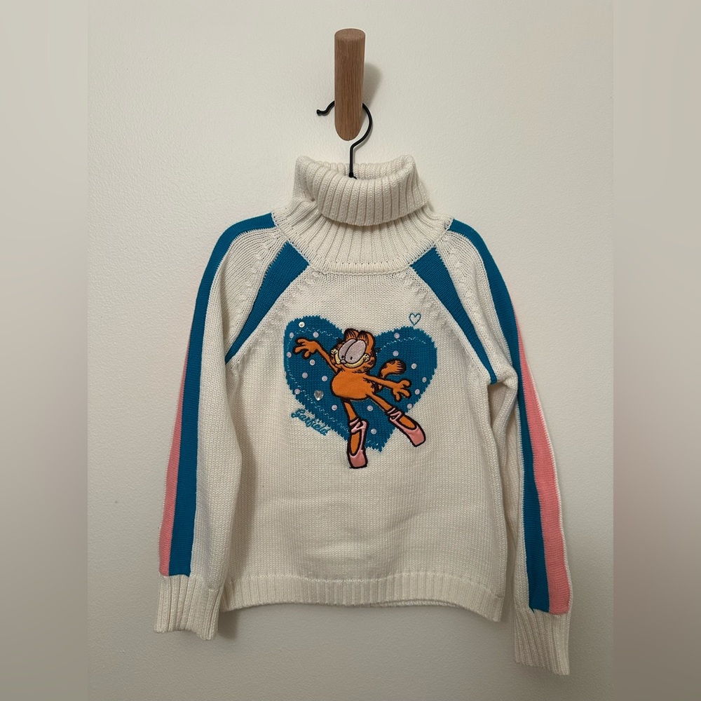 Vintage Girls 5/6T Garfield Embroidered Ballet Knit Chunky Turtleneck Sweater